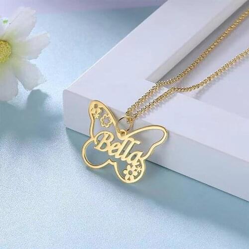 HUHUI Customized Name Necklace With Butterfly Pendant Personality Hollow Flower Stainless Steel Woman Jewelry Exquisite Gift