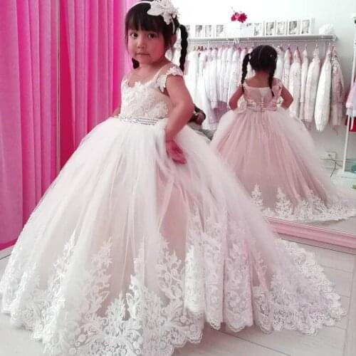 Lace Crystals Pearls Flower Girl Dresses Sheer Neck Ball Gown Little Girl Wedding Dresses First Communion Pageant Party Gowns