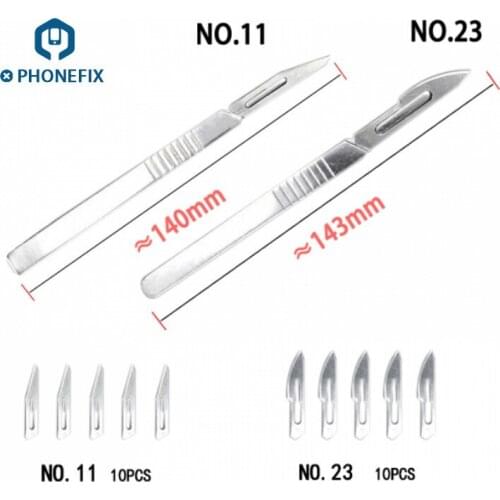 PHONEFIX 10pcs Blades Carbon Steel Surgical Scalpel Blades 23# 11# with Handle Graver Screen Film DIY Cutter Tools Phone Repair