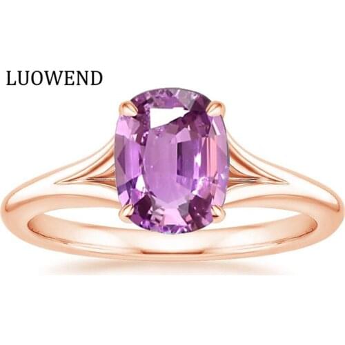 LUOWEND 18K Solid Rose Gold (AU750) Women Wedding Ring Certified Solitaire Natural Pink Sapphire Ring Oval/Rectangle Shape