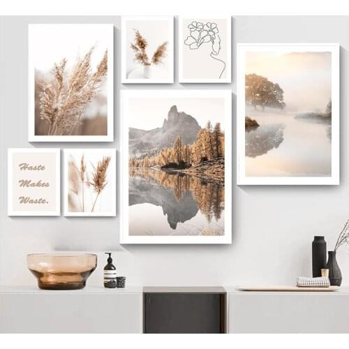Beige Reed Flower Forest Mountain Lake Wall Art Canvas Painting Nordic Posters And Prints Wall Pictures For Living Room Decor