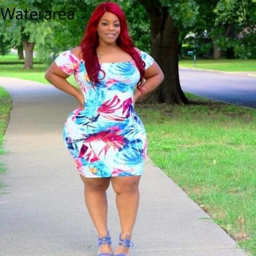 2019 New Summer Plus-Size Women Strapless Short Sleeve Printed Pencil Dress Sexy Night Partyclub Dress DM047