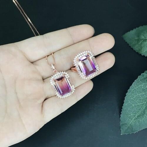 QTT New Amethyst Crystal Pendants Necklace Rose Gold Chain Square Zircon Resizable Ring Womens Wedding Engagement Jewelry Set