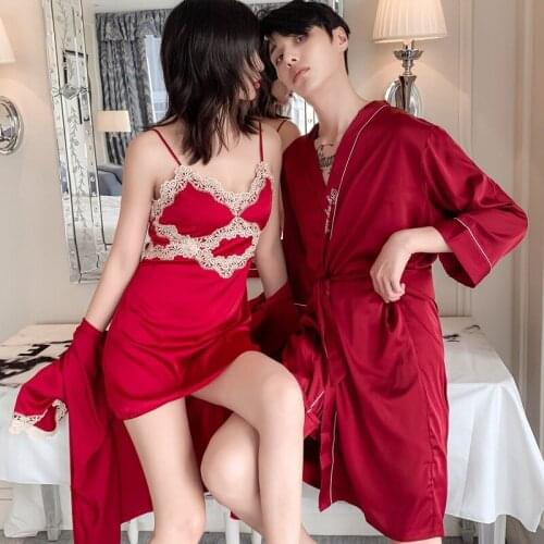 Couple Summer Rayon Robe Sets Sexy Bride Bridegroom Kimono Dressing Bath Gown Lace Nightdress Pajamas Suit Sleepwear Home Wear