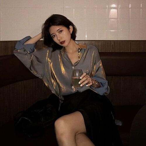 Mermaids polarized shirt womens design sense small retro Hong Kong Style mid autumn long loose Long Sleeve Shirt