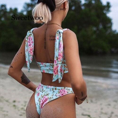 Sexy Push Up Bikini Set Bathing Suit 2020 New Bathers Swimwear Women High Cut Floral Printing Swimsuit Female Biquini Blue