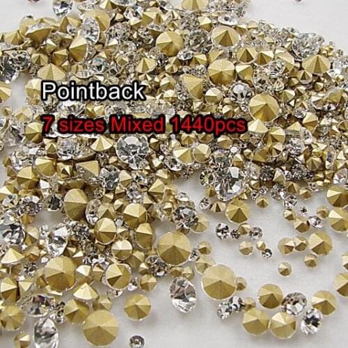 Mixed Sizes! 7 Sizes Crystal Clear 1440pcs SS6 SS8 SS10 SS12 SS16 SS20 SS29 Point Back Rhinestones glass strass chaton stone