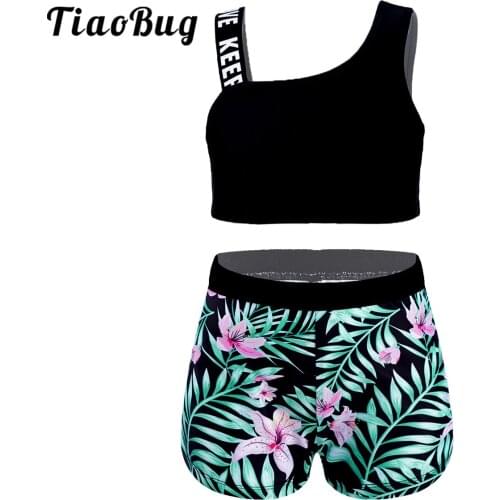 Girls Athletic Two Piece Gymnastics Leotard Dance Set Racer Tank Top with Booty Shorts Tankini Beach Sports Suit