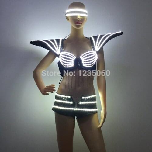 Led Luminous Sexy Lady Bra Vest And Pants Suit White Color Led Light Flashing Sexy Women Suit Dress Costume For Party DJ Club