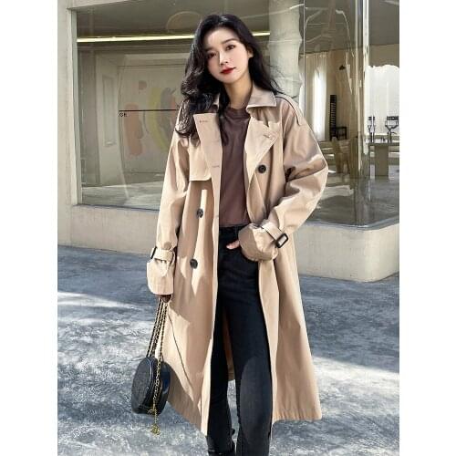 Womens Windbreaker Spring And Autumn New Korean Fashion Loose Solid Color Wild Double-breasted Long-sleeved Feminine Coat M080