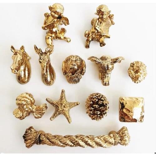 LCH Nordic Style Horse Head Deer Dog Creative Lead Zinc Alloy Knob Vintage Cabinet Handle Drawer Pull Brushed Brass Color