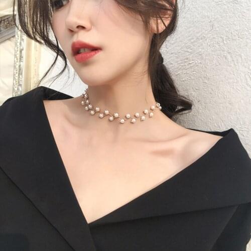 USTAR New Pearl Choker Necklaces for Women female Black Crystal Necklaces Statement Party Wedding Jewelry Gifts