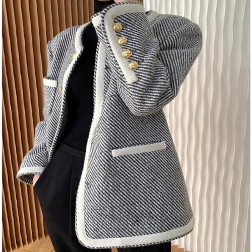 Vintage French style small fragrance tweed jacket women Houndstooth plaid single breasted woolen jacket