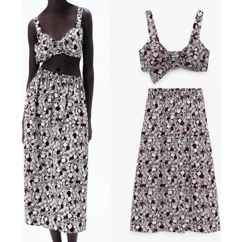 Za 2021 print midi skirts women fashion high waist summer skirt sexy buckle straps crop top vintage hid pocket woman skirt suits