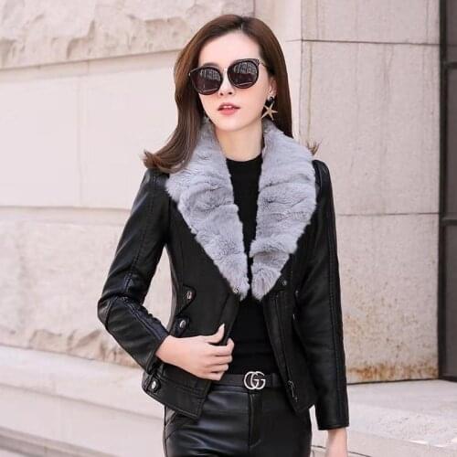 Rex Rabbit Fur Collar Coat Winter Leather Jacket Women Short Lady 2021 New Slim Detachable