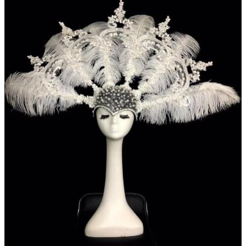 Sexy female costume White party pearl lace feather headdress hat Christmas Halloween club bar cosplay headwear