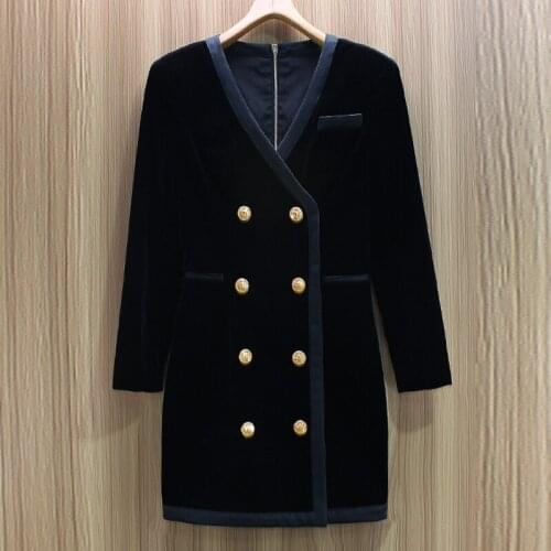 QUALITY 2021 HIGH Fashion Baroque Designer Dress Womens V-neck Metal Buttons Double Breasted Velvet Dress