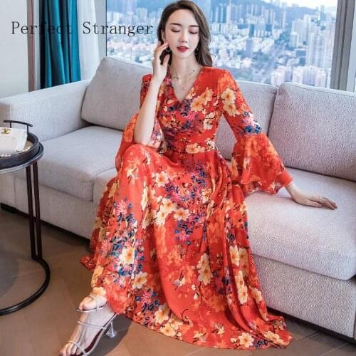 2021 Summer Dress Women New Arrival Hot Sale V Collar Flare Sleeve Flower Printed Chiffon Long Dress