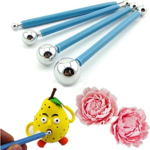 4pcs ball shaped cake modelling tools set stainless steel double end sugarcraft gum clay fondant decorating carve flower tools