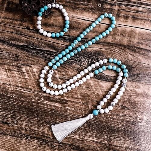 8mm Natural Blue Turquoise Howlite Beaded Mala Necklace Meditation Yoga Blessing Men and Women Jewelry 108 Japamala Sets