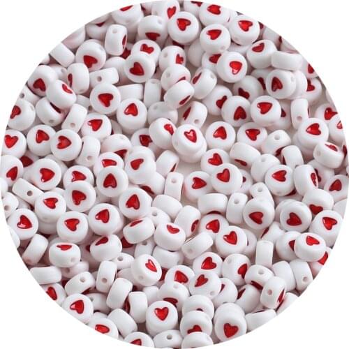 Round Flat Alphabet White Red Heart Acrylic Beads Loose Spacer Beads For Jewelry Making Handmade DIY Bracelet Necklace