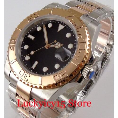 BLIGER Nologo 24 Jewels NH35 Movement 40mm Mechanical Men Watch Two Tone Rose Gold Unidirectional Bezel Screw Down Backcover