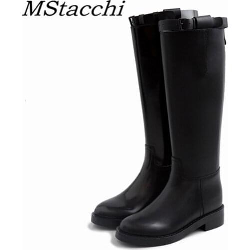 MStacchi Classics Motorcycle Woman Boots belt buckle Plush Non-Slip Female Cow Leather Shoes Winter Knee-length Botas de mujer