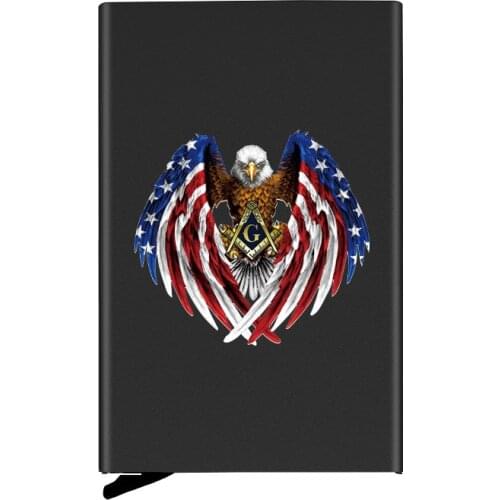 Black Metal Case American Eagle Masonic Printing Credit Card Holder Men Slim Anti Protect Travel ID Cardholder Women Rfid Wallet