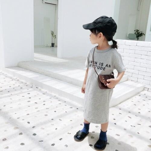 Korean style baby girls letters printed long T shirt dresses kids cotton casual clothes fashion children Backless Straight dress