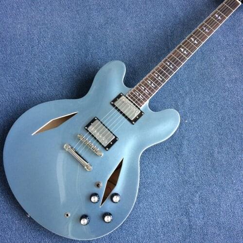 Jazz Hollow Body Blue Electric Guitar, Rosewood fingerboard, Double holes electric guitar, Free shipping