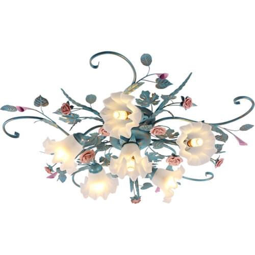 French Post Modern Romantic Iron Body Flowers Lampshade Ceiling Lamps Living Room Decor Kitchen Light Fixture Bedroom LED Lamp