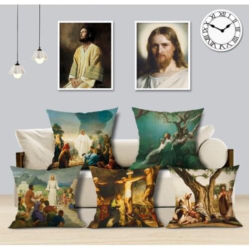 Jesus Christ Art Cushion Cover Religious Belief Oil Painting Decorative Pillowcase 45x45CM Linen Pillows Cover for Sofa Decor