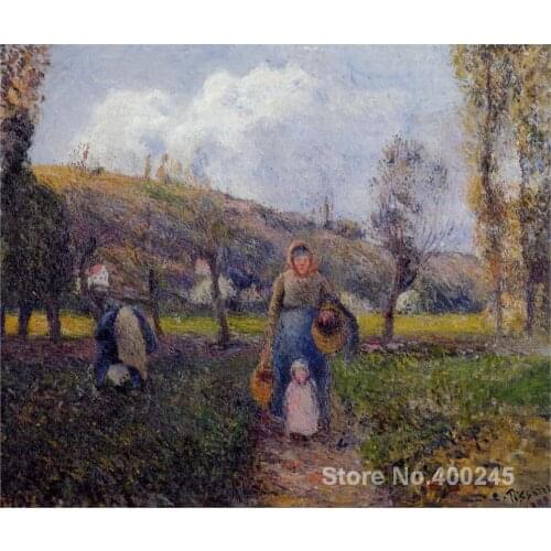 Peasant Woman and Child Harvesting the Fields, Pontoise by Camille Pissarro Paintings on canvas hand-painted High quality