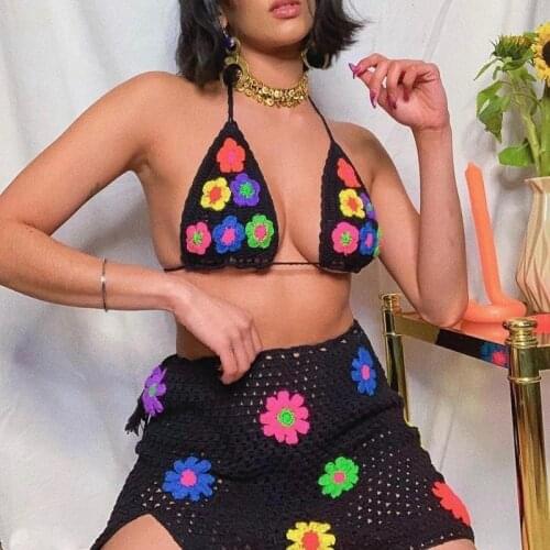 Summer Knitted Suit Beach Vacation Y2K Floral Crochet Crop Cami Top and High Waist Split Skirt Two Piece Set Women Clothes New