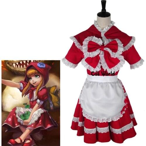 LOL Annie Little Red Hood Maid Apron Dress Uniform Outfit Games Halloween Hallowmas Festival Cosplay Costumes