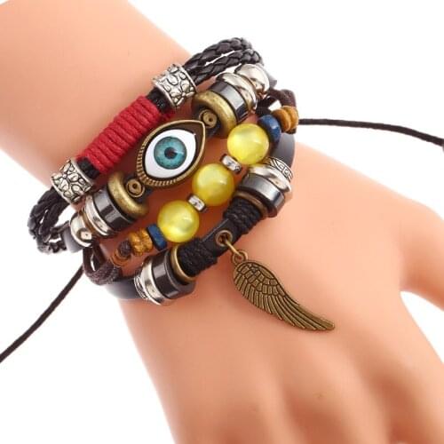 Multilayer Braided Beaded Eyes Alloy Wings Cowhide Bracelet Punk Bracelet Wholesale Genuine Leather Bracelet