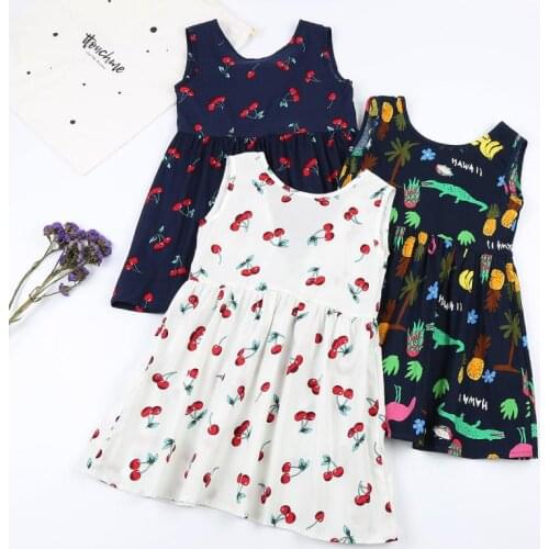 Fashion Girls Sleeveless Dress Kids Printing Belted Skater Party Age 1-7 Summer Childrens Dresses Clothe With Cute Bow Ribbon
