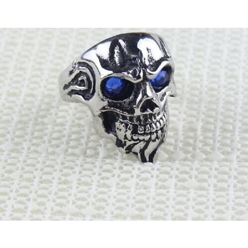 Mens Blue CZ eyes Silver color Tone Skull Beard Solid Back Stainless Steel Biker Ring Mens Jewelry