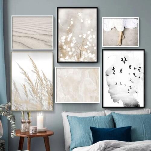 Wall Art Print Canvas Painting Natural Flower Plant Landscape Bird Girl Skirt Desert Nordic Poster Wall Pictures For Room Decor