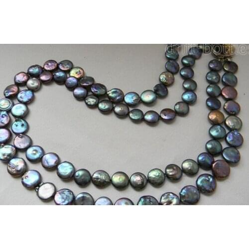 2STRANDS 18'' 13MM Black Coin Freshwater Pearl Necklace