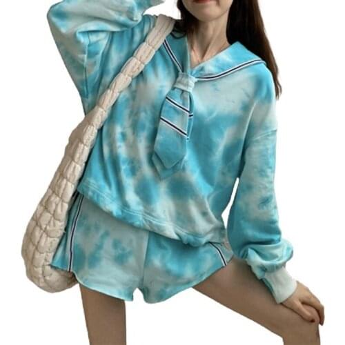 PERHAPS U Girls Sweet Causal Two Piece Set Tie dye Sailor Collar Ribbons Long Sleeve Hoodie Elastic Waist Wide Leg Shorts T3062