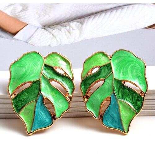 European and American color metal earrings with oil, small fresh leaf earrings, 2020 womens creative big brand accessories