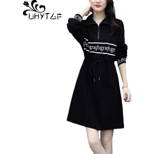 UHYTGF Cute Girl Autumn Dress Women Long Sleeve Pullover Black 5XL Plus Size Dresses Pocket Lapel Elegant Female Clothes 1276