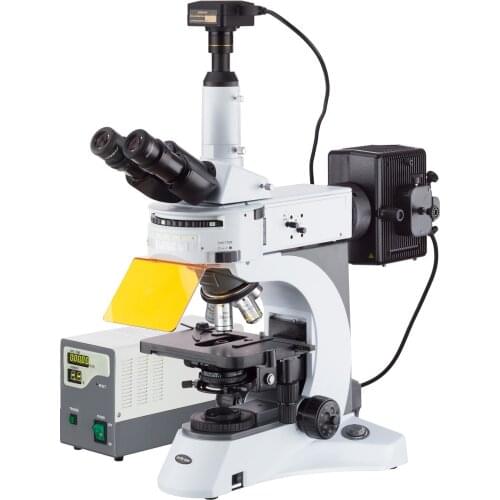 AmScope 40X-1000X Upright Fluorescence Microscope with Rotating Multi-filter Turret + 16MP Camera