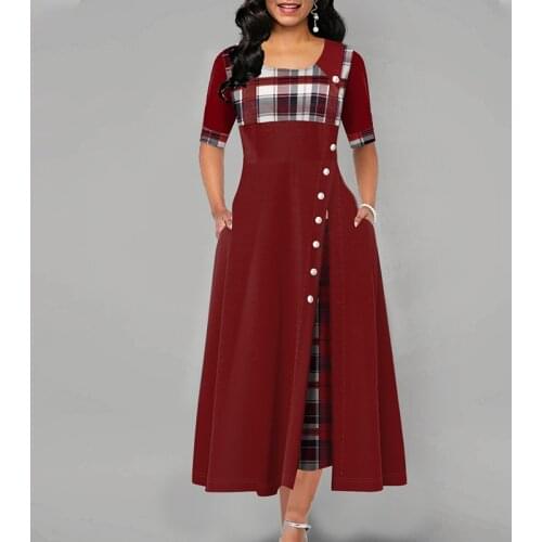 Autumn Plaid Print Patchwork Womens Long Dress Half Sleeve Irregular Female Dresses 2021 Spring Casual Vintage Lady Clothes
