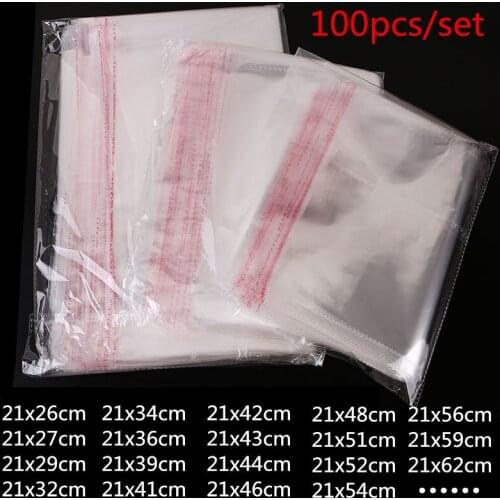 100pcs 21CM width Clear Self-adhesive Cello Cellophane Bag Self Sealing Plastic Bag for Clothing fruit Packing Resealable Bags