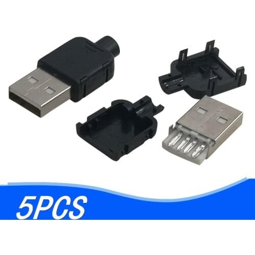 5 Sets DIY USB 2.0 Connector Plug A Type Male 4 Pin Assembly Adapter Socket Solder Type Black Plastic Shell For Data Connection