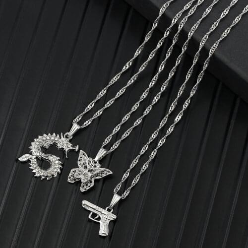Caraquet 3Pcs/set Punk Hip Hop Multilayered Necklace for Women Vintage Butterfly Dragon Pistol Pendant Necklace Jewelry Gift