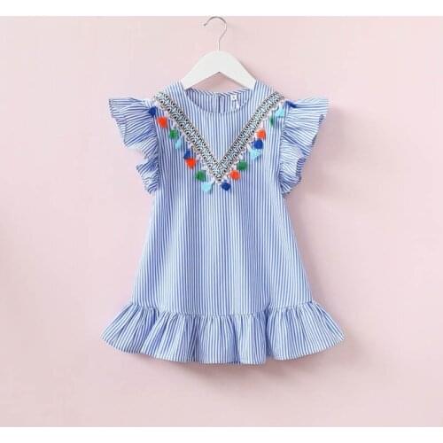Childrens Wear Baby Girls Summer Neckline Tassel Vertical Stripe Ruffle Side Cute Dress Clothing