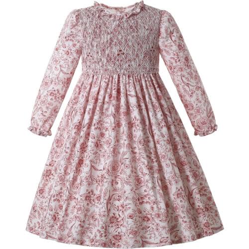 Autumn Christmas Children Infant Pink Floral Hand Smoccked Dresses Kids For Toddler Girls Back to School Size 2 3 4 5 6 8 10 12Y